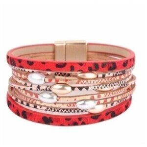 FAUX LEATHER MAGNETIC RED LEOPARD BRACELET-NEW